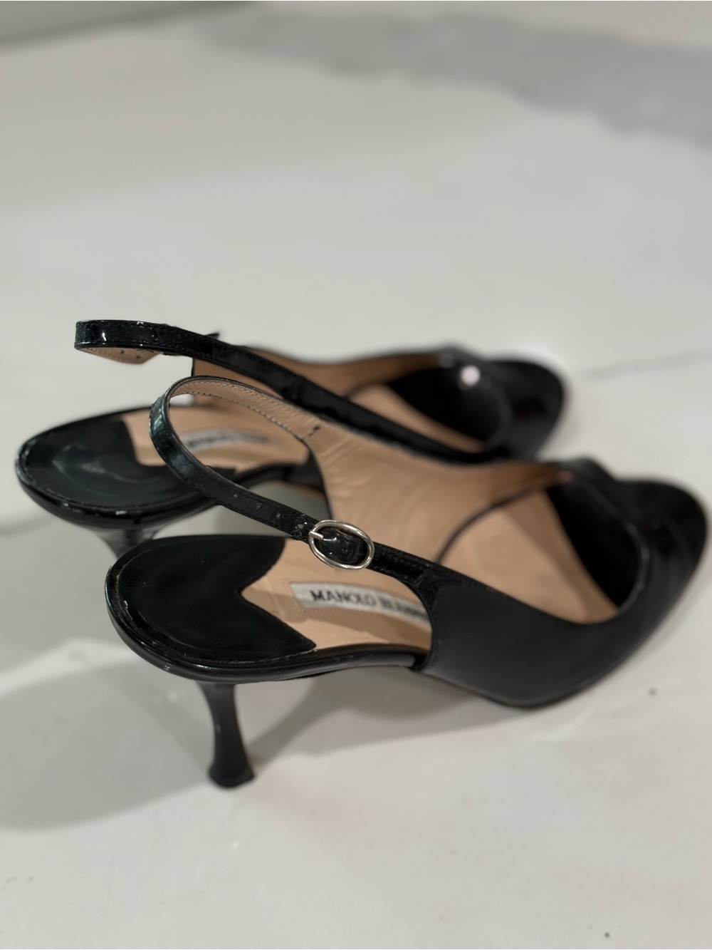 Manolo Blahnik Black Patent Slingback Kitten Heels